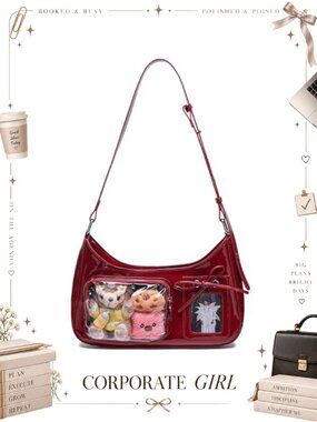 Ita Purse Crossbody Bag Faux Leather Transparent Display Panel Pins Badges